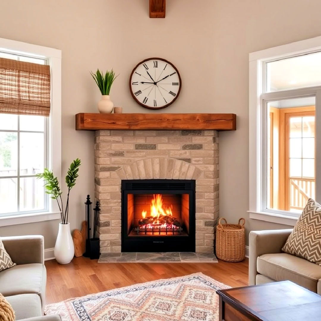 cozy rustic mantel corner gas fireplace