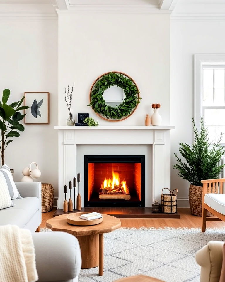 cozy scandinavian inspired fireplace design