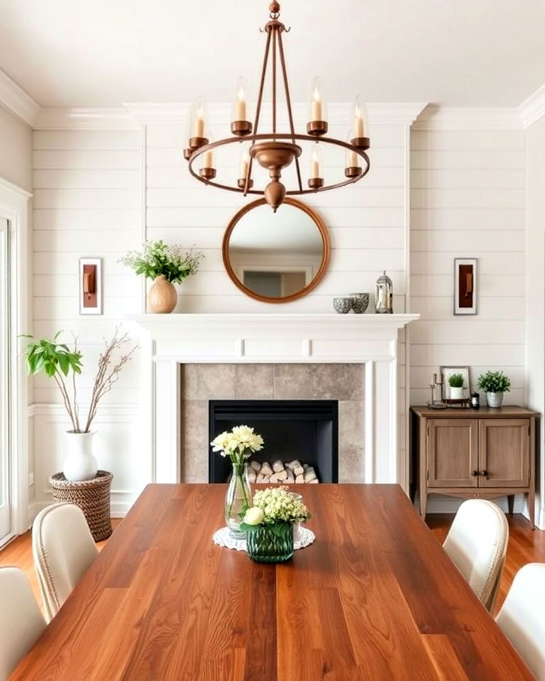 cozy shiplap around a dining room fireplace