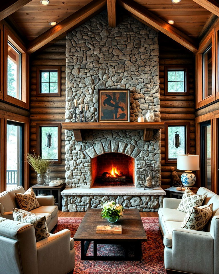 cozy stone fireplace in cabin living room