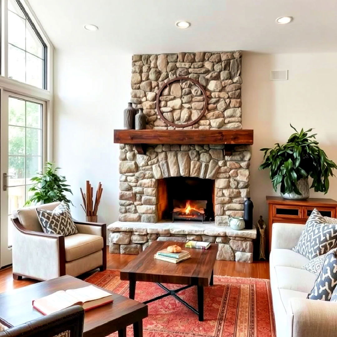 cozy stone fireplace in living room