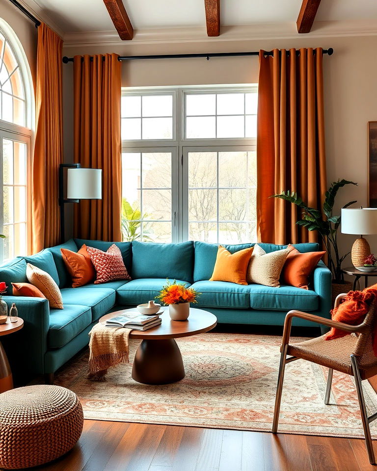 cozy teal couch with warm earth tones
