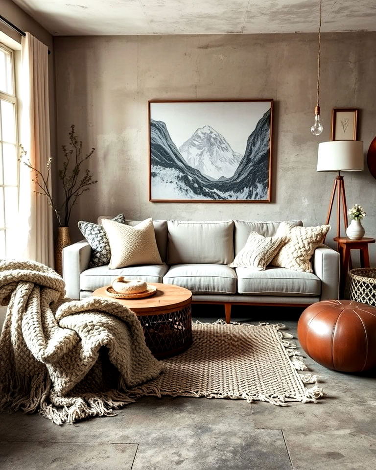 cozy textures living room with concrete floor