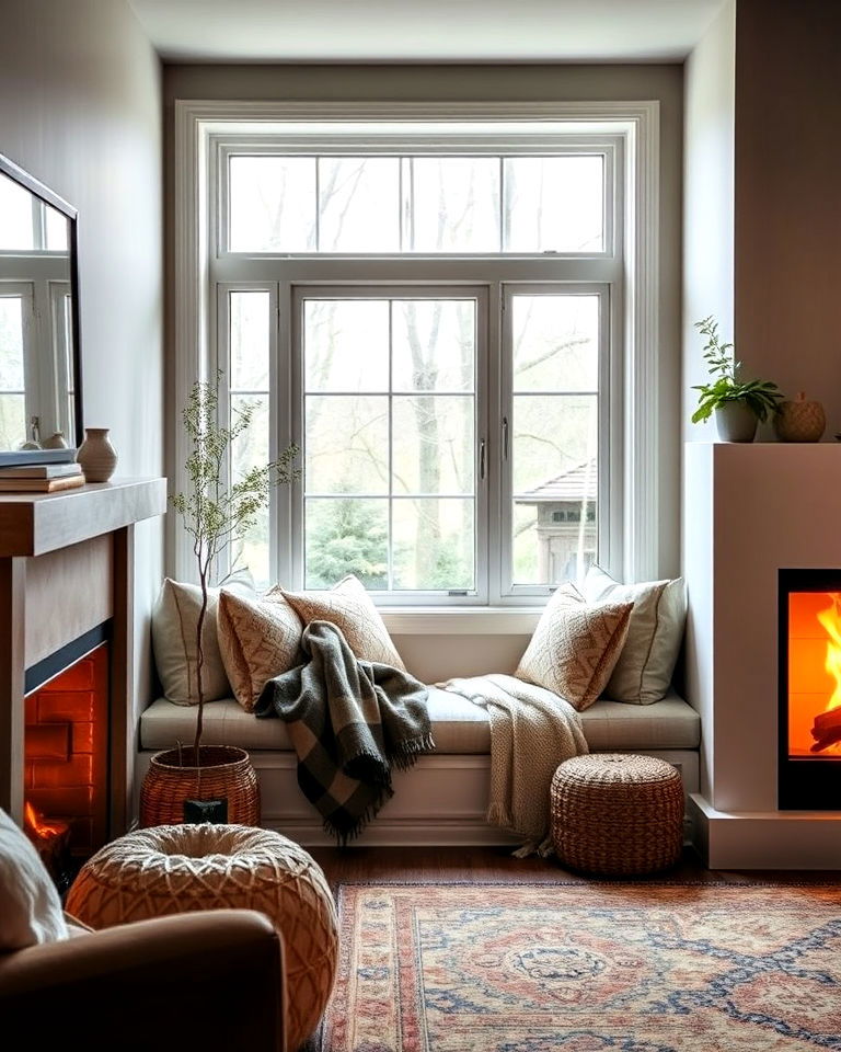 cozy window nook by the fireplace