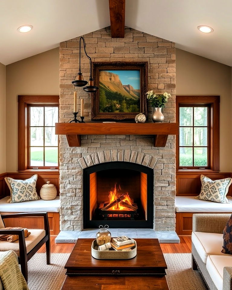 craftsman fireplace with built in seating