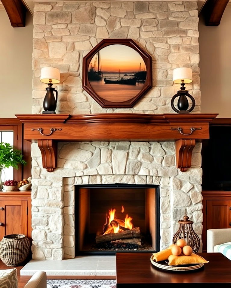 craftsman fireplace with carved wooden mantel