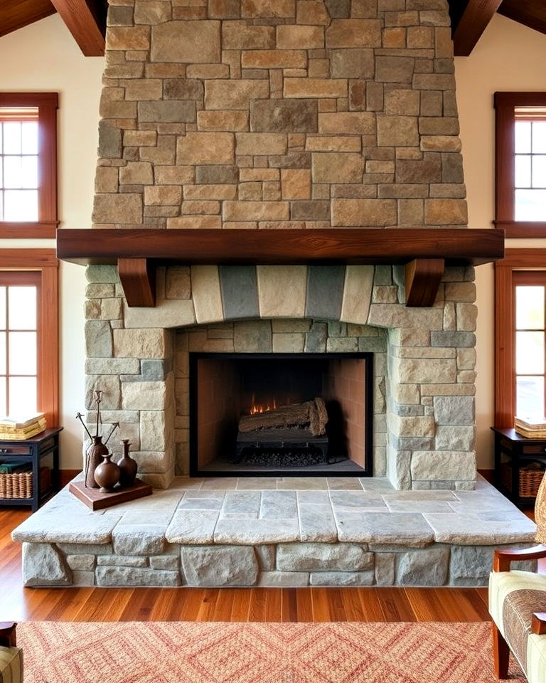 craftsman fireplace with stone hearth