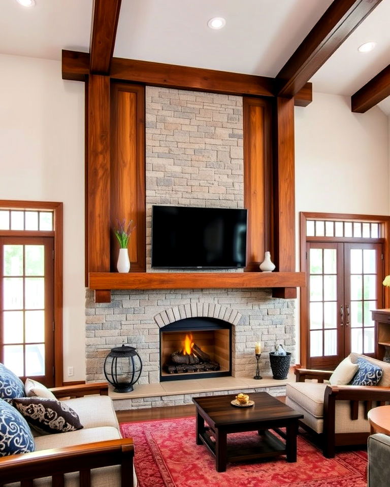 craftsman fireplace with wooden overmantel