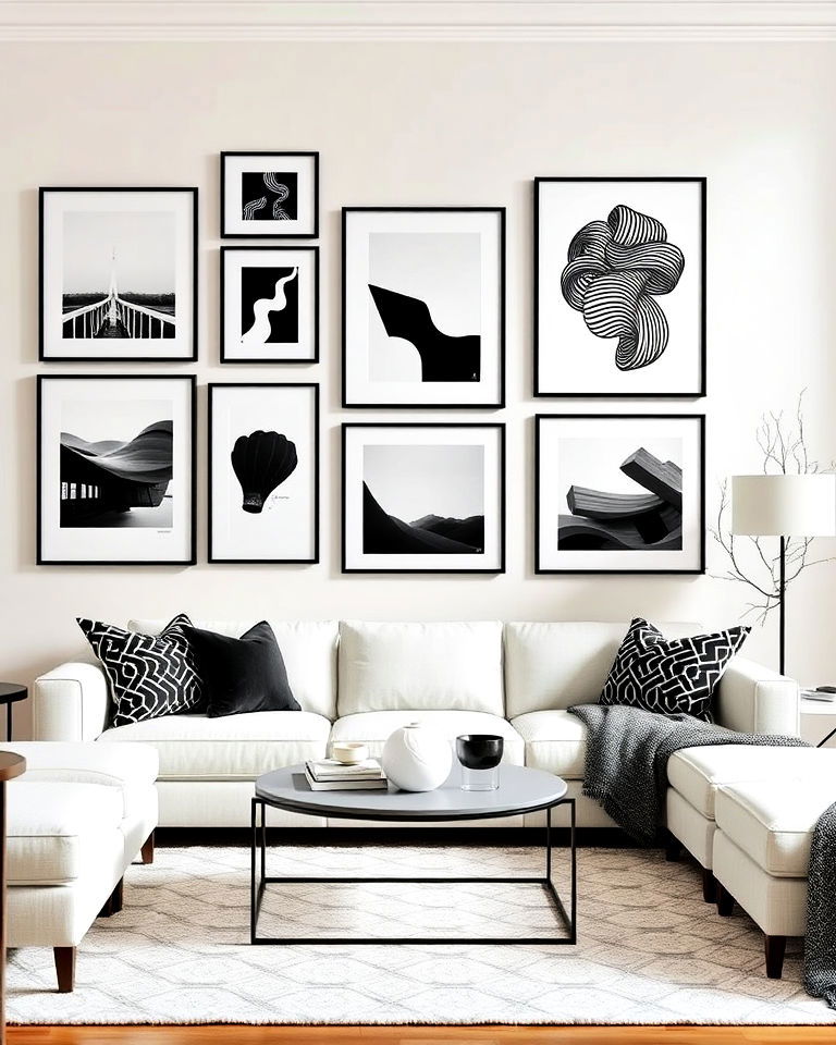 cream and black and white prints living room