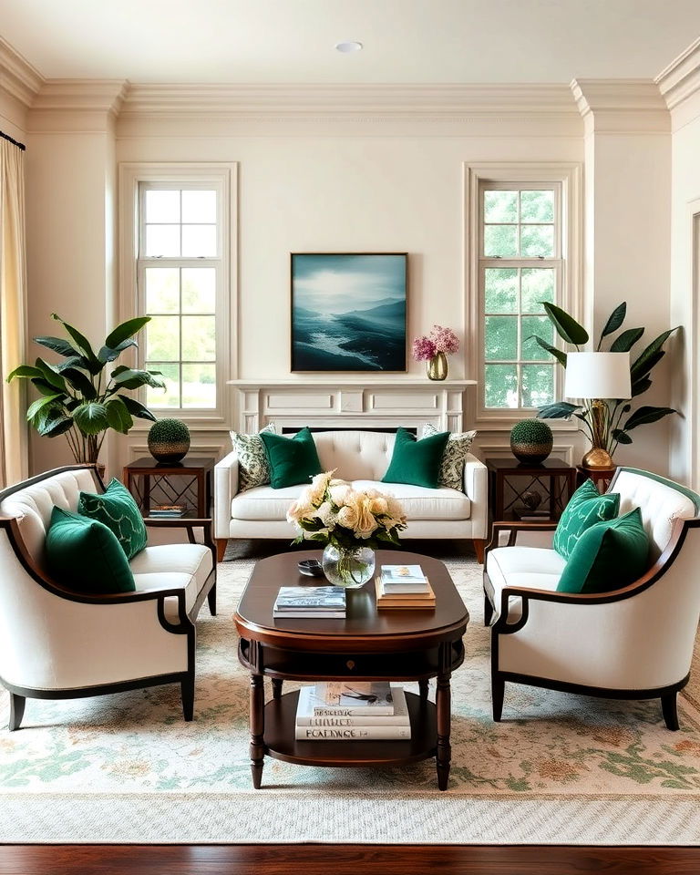 cream and emerald green living room