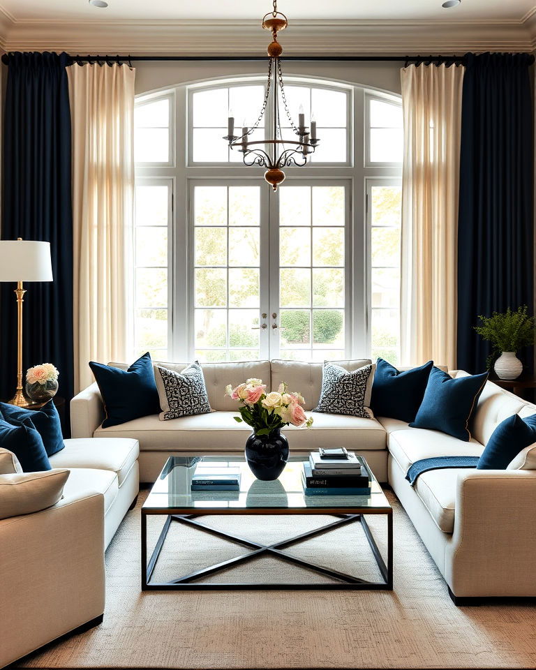 cream and navy combination living room