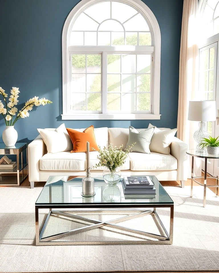 cream couch with glass and mirrored surfaces