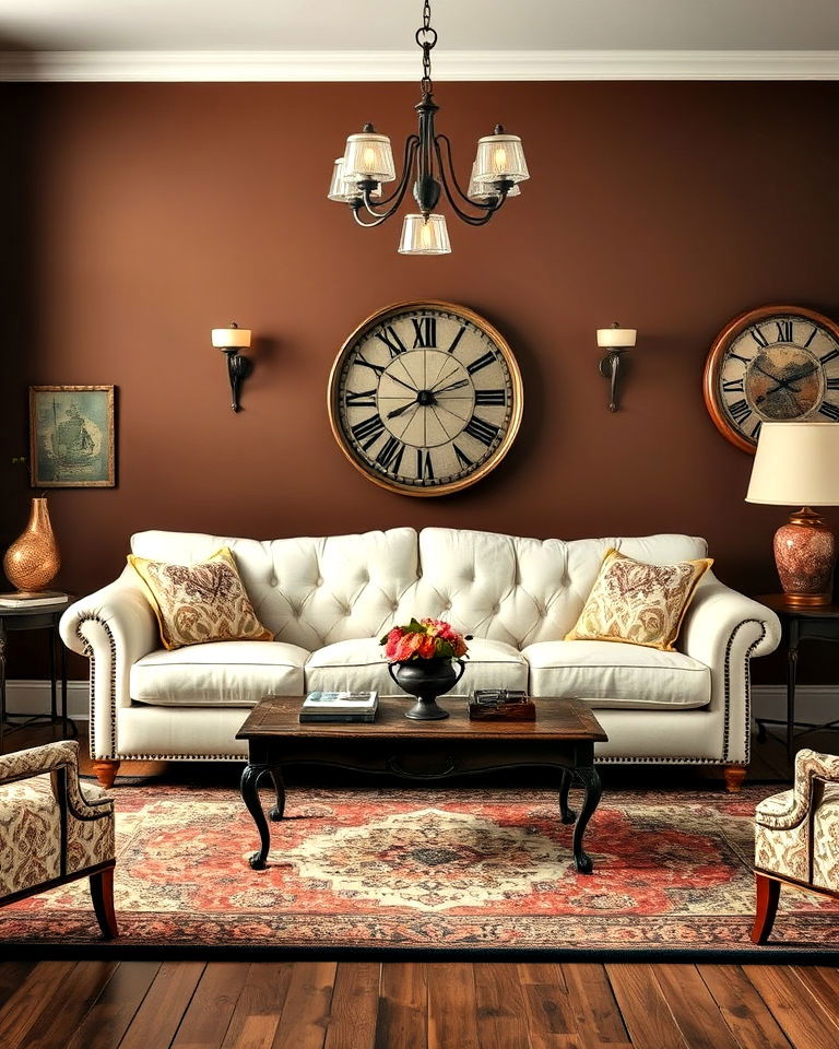 cream couch with vintage or antique pieces