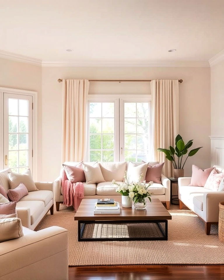 cream with soft pastels living room