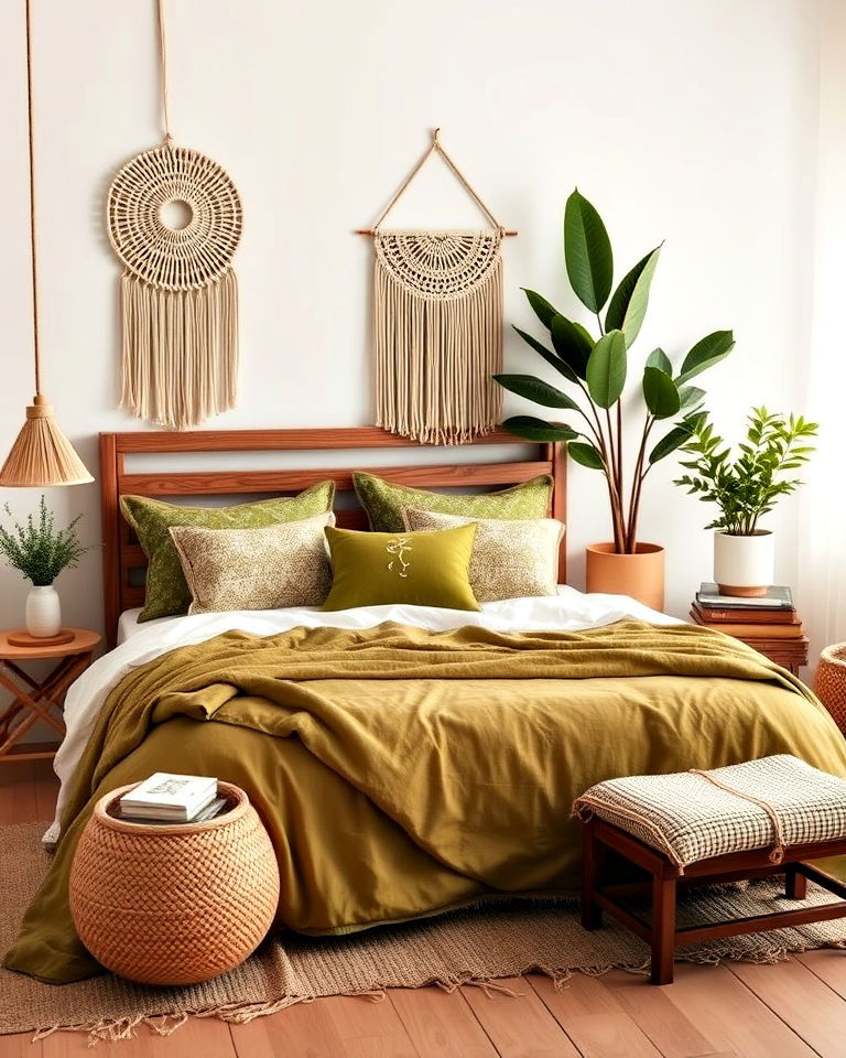 create a bohemian look with olive green accents