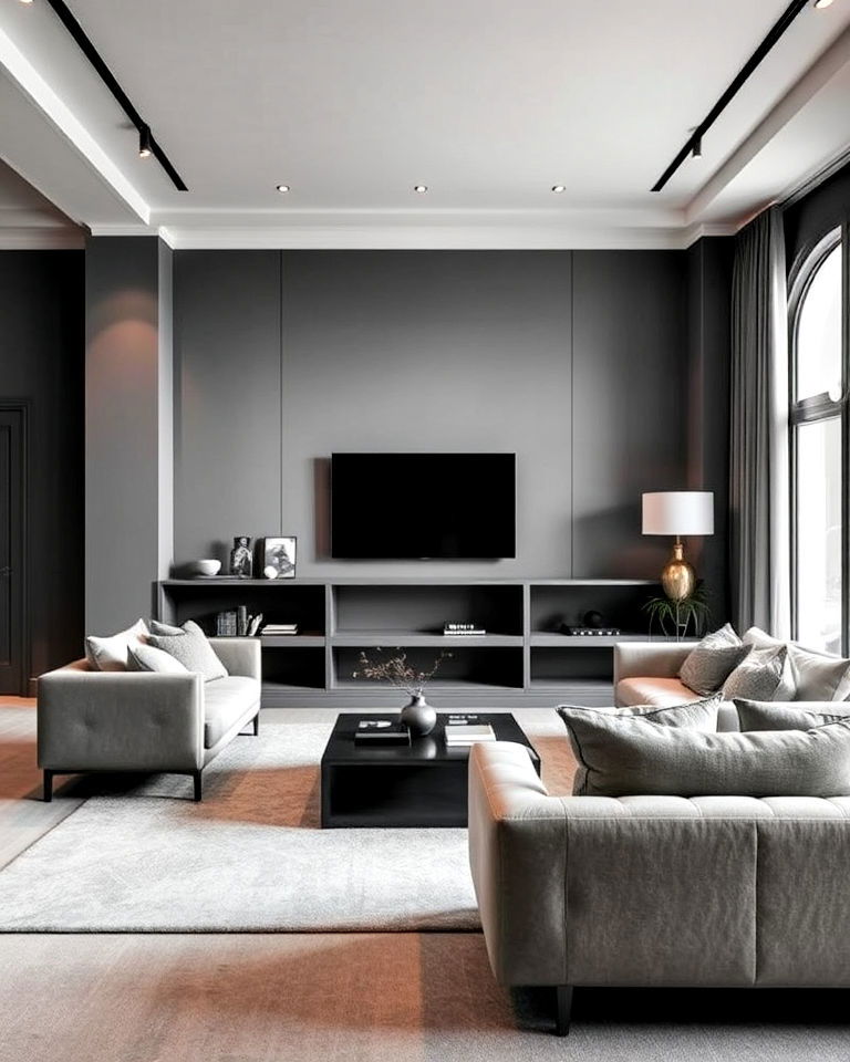 create a monochromatic living room with grey layers