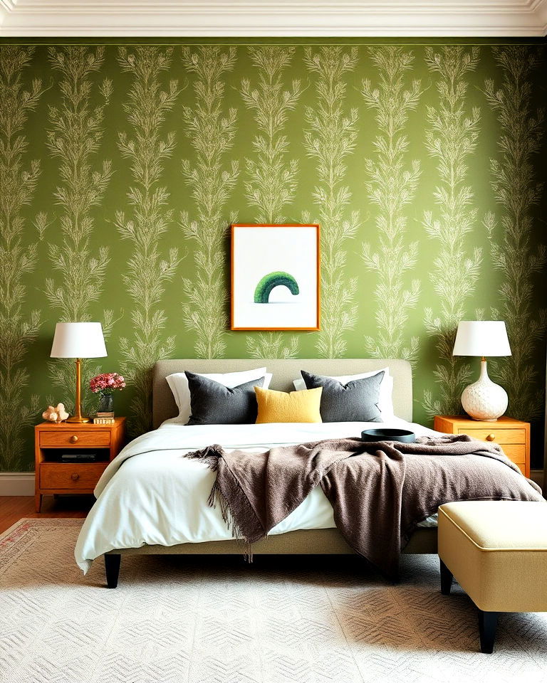 create a statement wall with olive green wallpaper