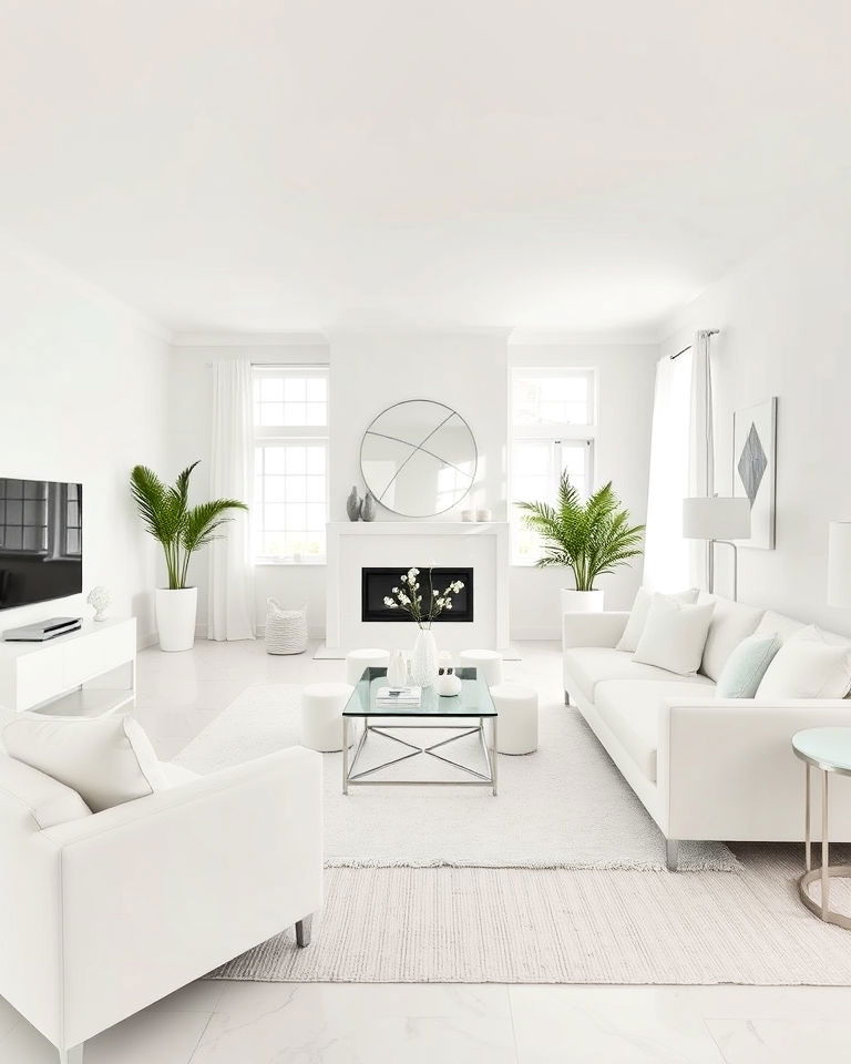 crisp white monochromatic scheme living room