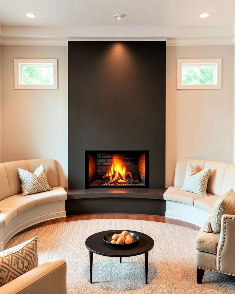 curved fireplace with matching built in seating