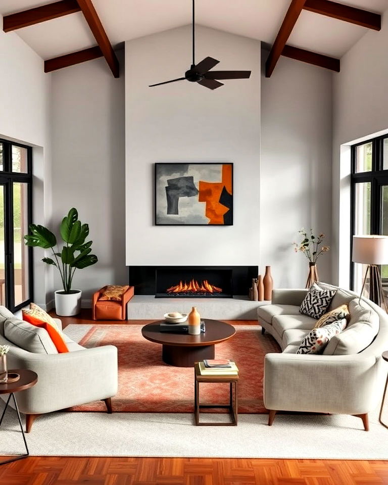curved sectional in a mid century modern living room