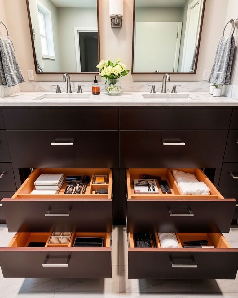customized his and her vanity drawers