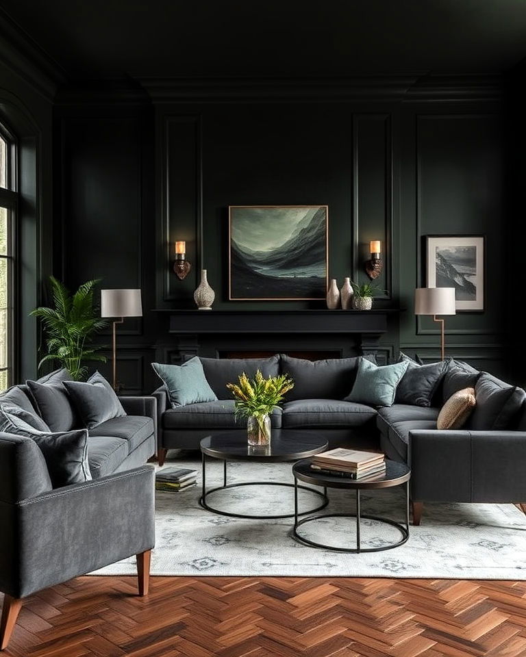 dark and moody green and grey living room palette