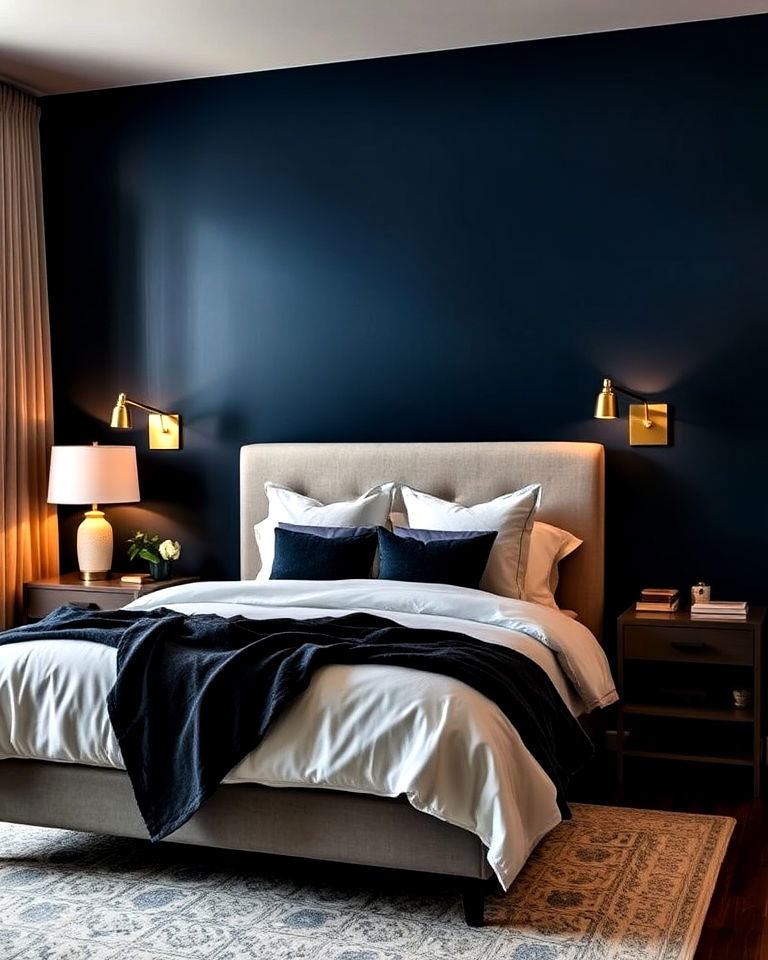 dark blue accent wall with warm lighting