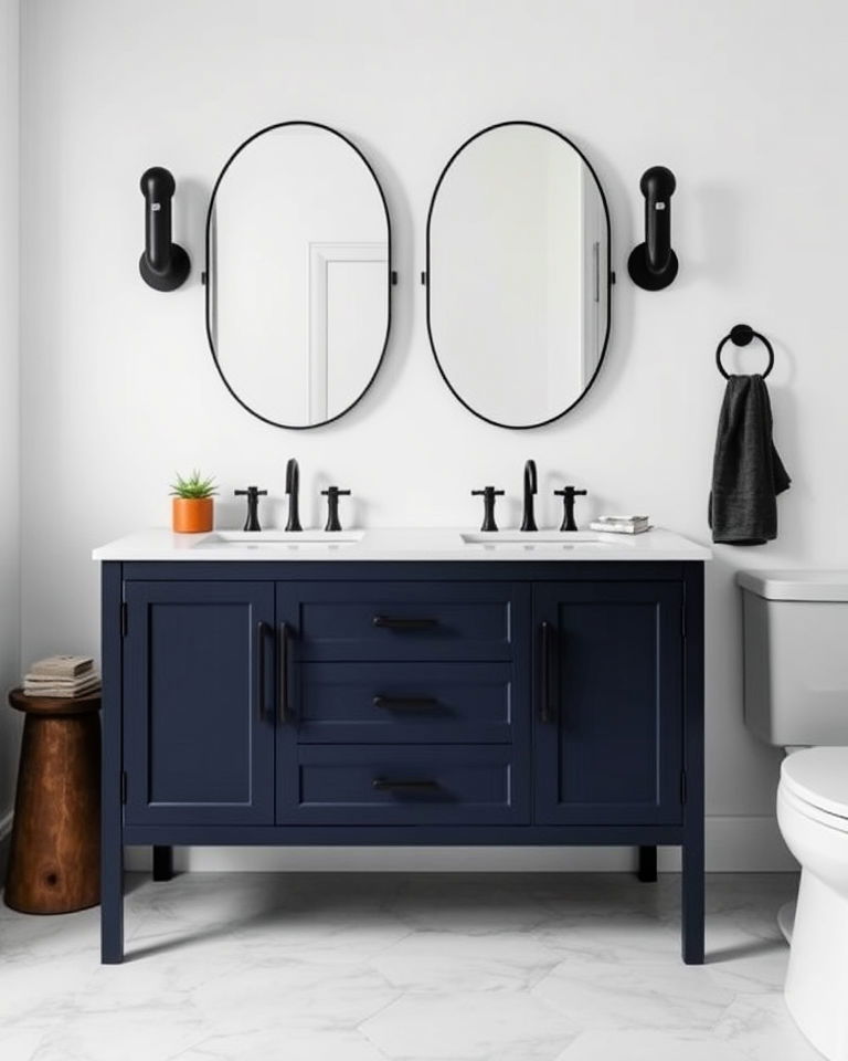 dark blue vanity with matte black fixtures