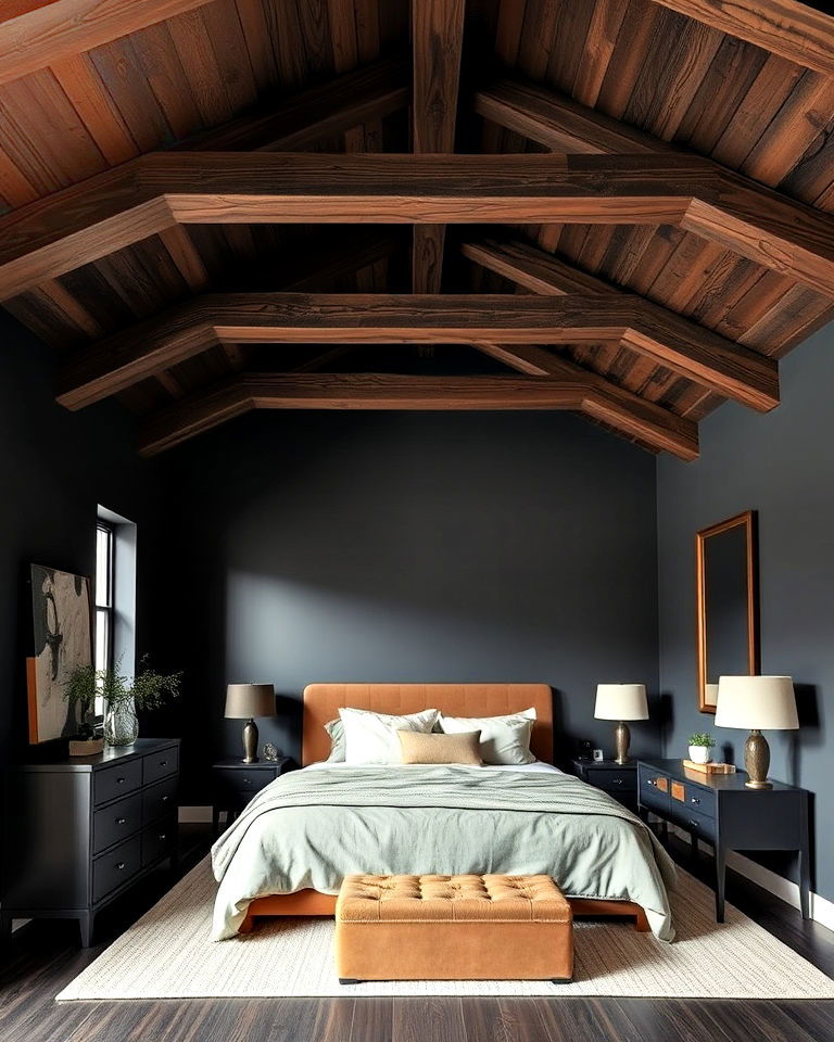 dark brown ceiling beams and black walls