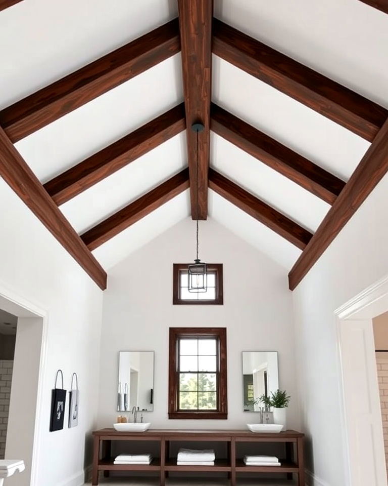 dark brown ceiling beams with white bathroom walls