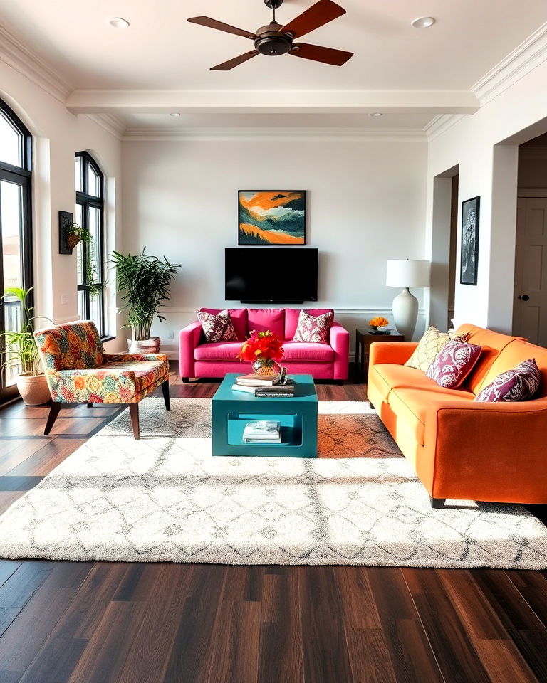 dark brown floor with bold furniture design