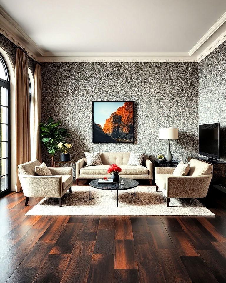 dark brown floor with bold wallpaper design