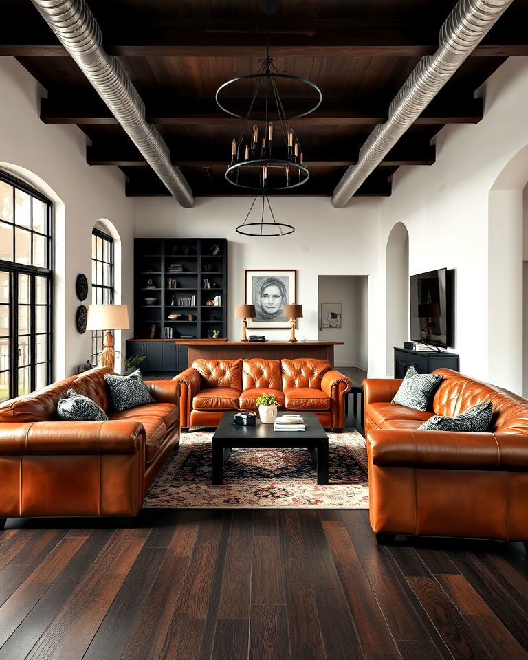 dark brown floor with leather furniture idea