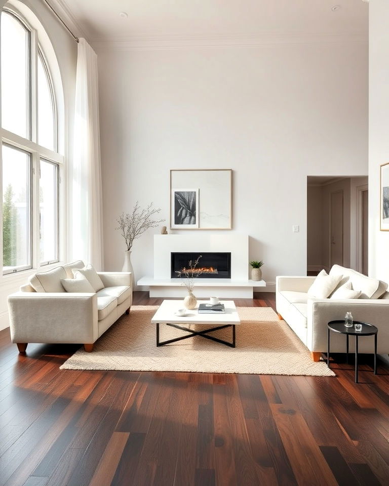 dark brown floor with neutral palette living room