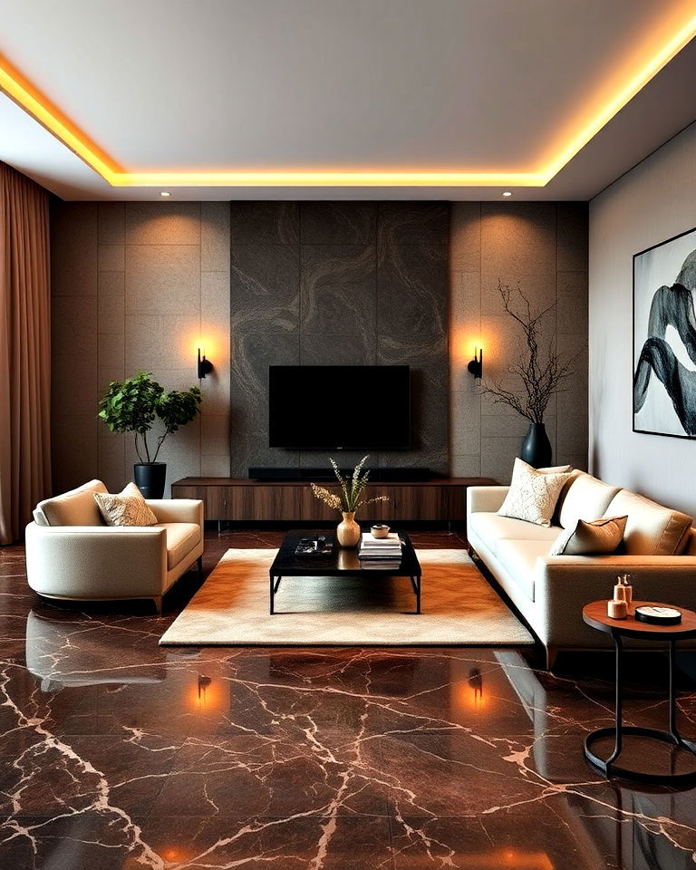 dark brown marble floors for a cozy feel