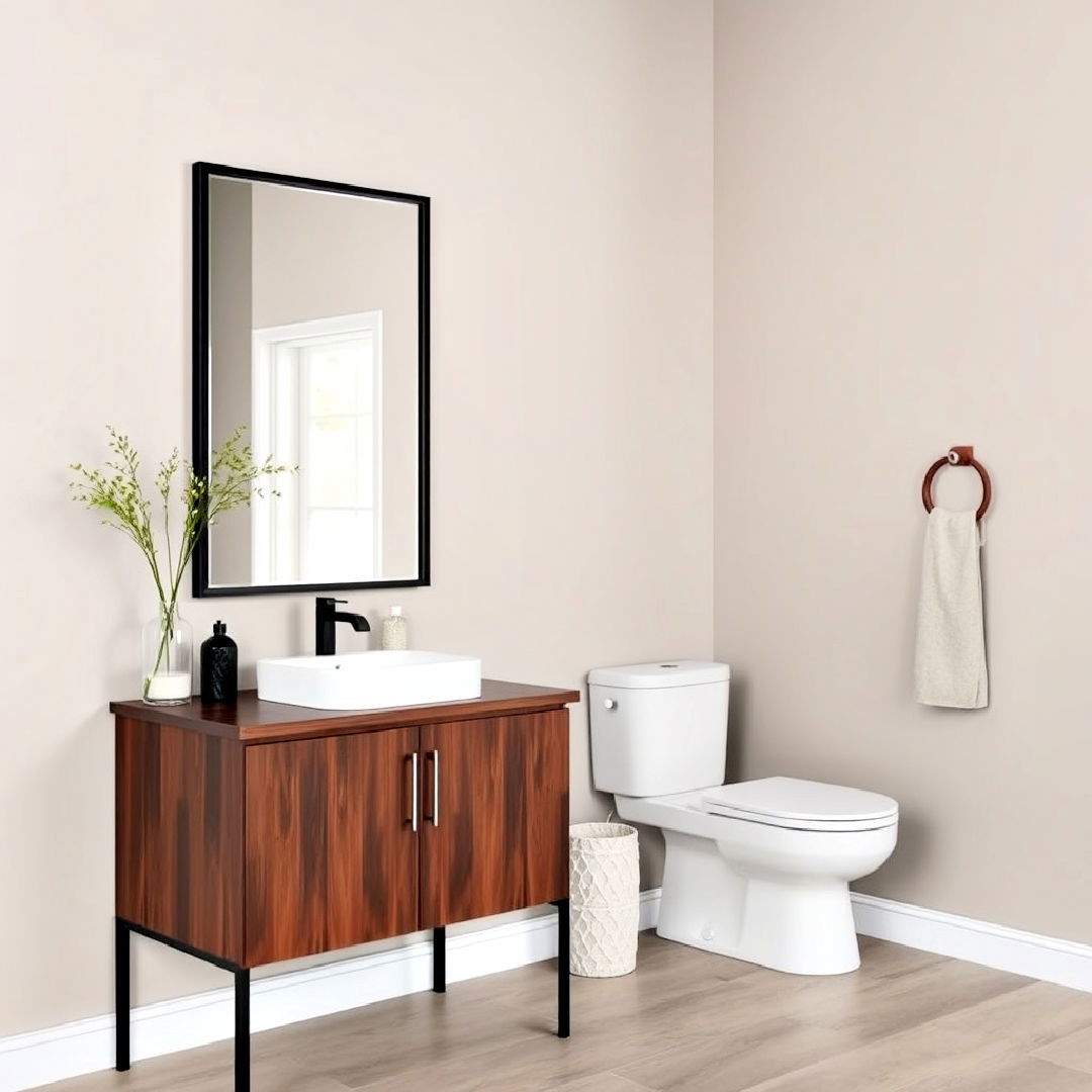 brown vanity with black framed mirror idea