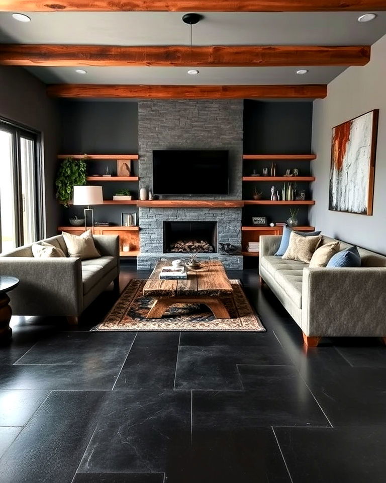 dark concrete floors with rustic wood elements