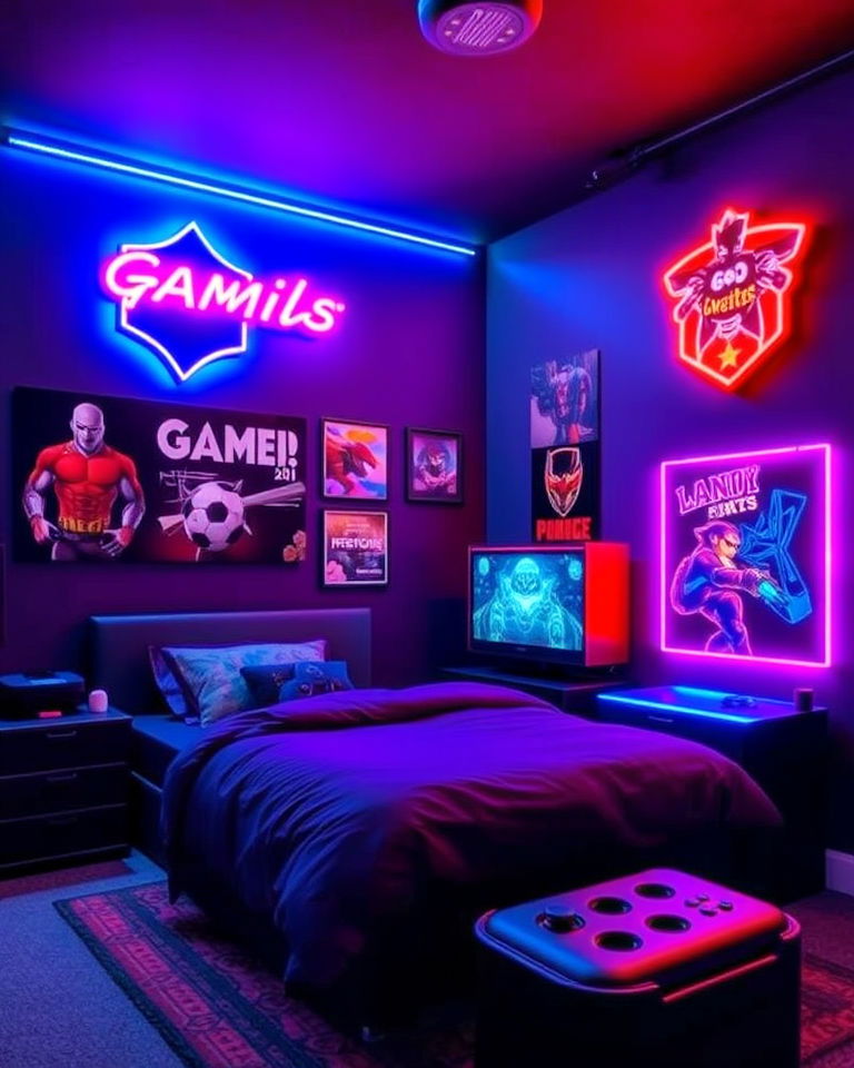 dark gaming bedroom walls with neon accents