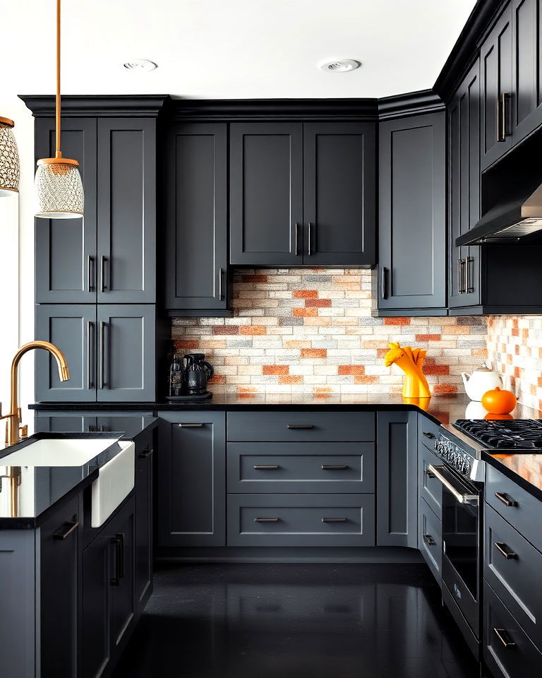 dark gray cabinets with black countertop for a bold look