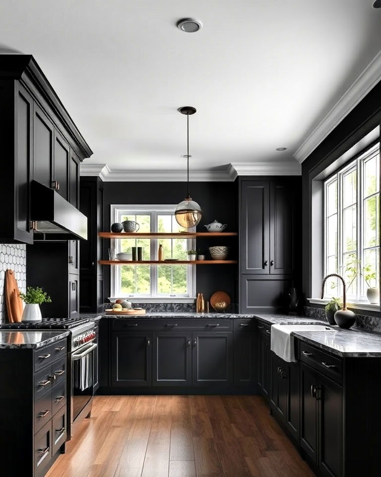dark gray walls with black cabnits