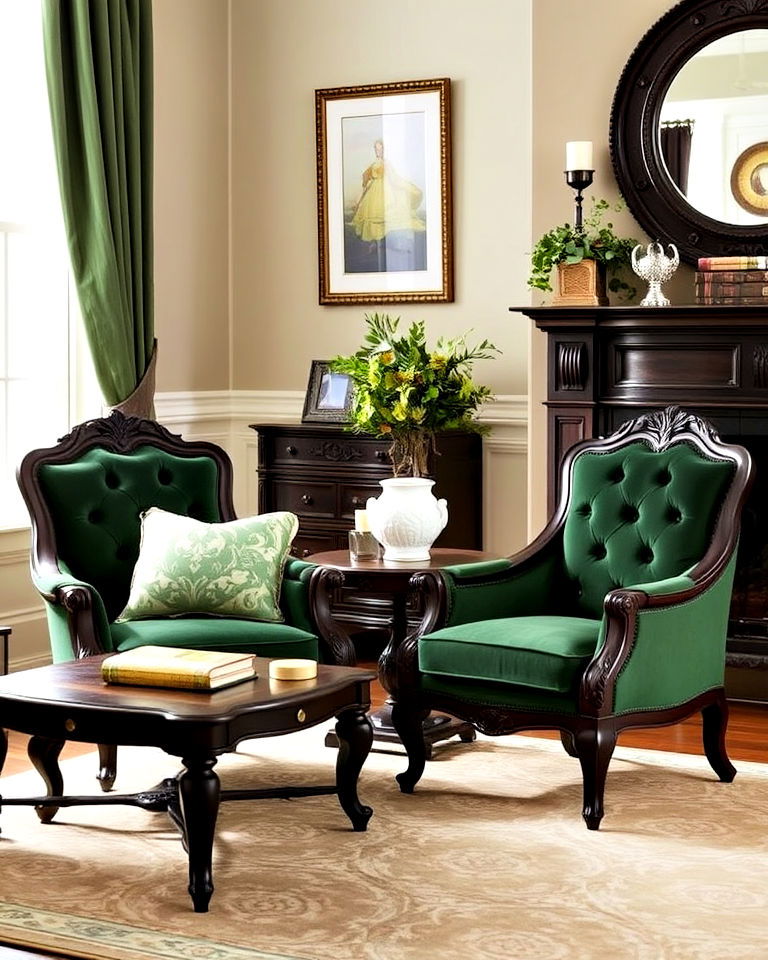 dark green accent chairs with wooden detailing