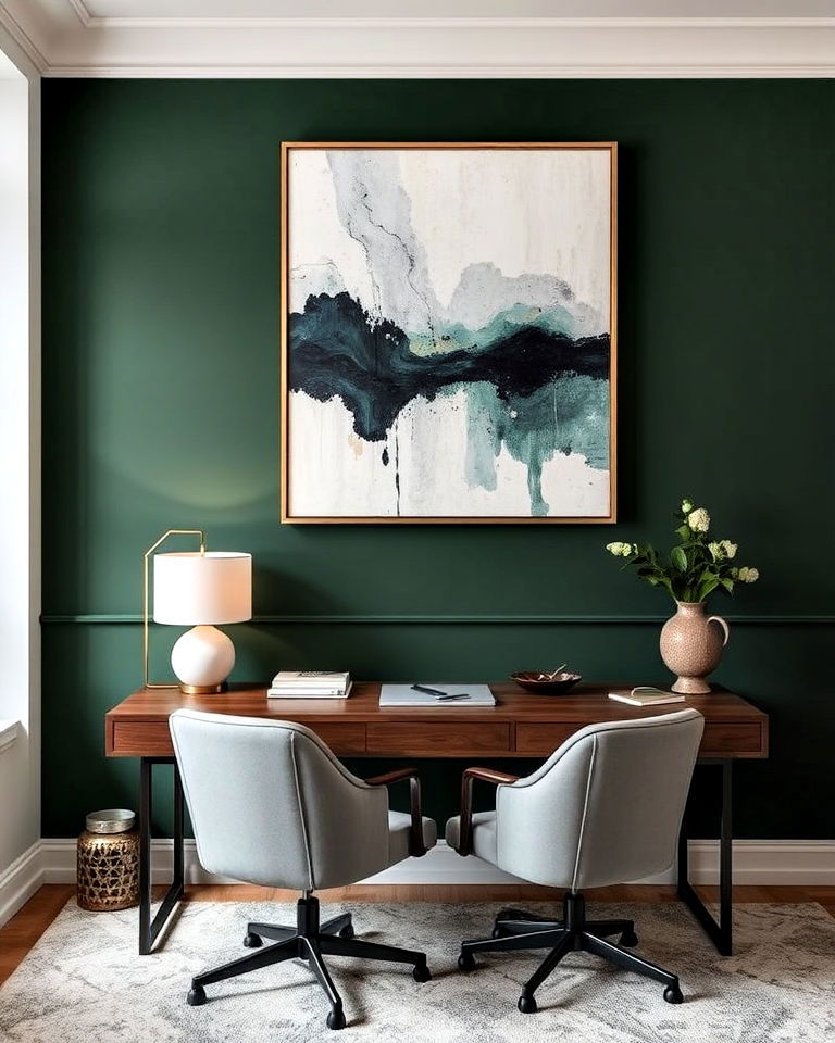 dark green accent wall with abstract art for office
