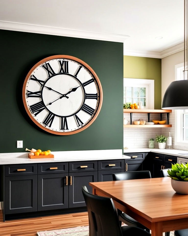 dark green accent wall with an oversized clock