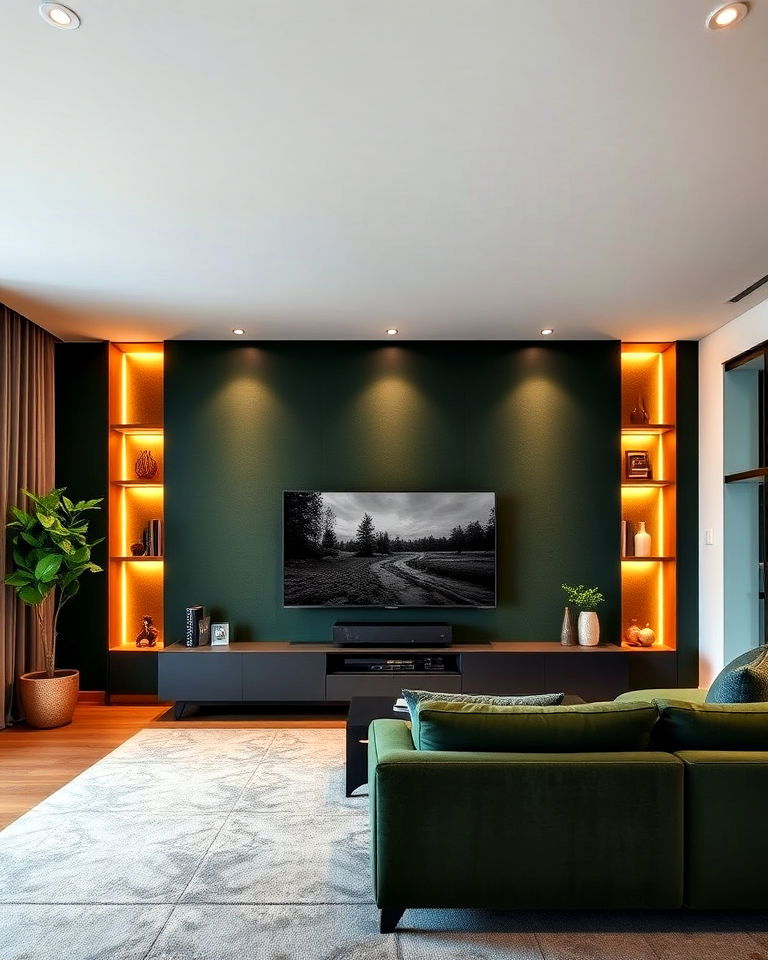 dark green accent wall with built-in lighting