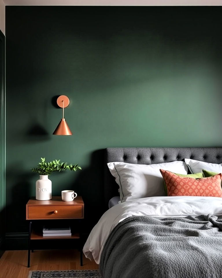 dark green accent wall with copper light fixtures