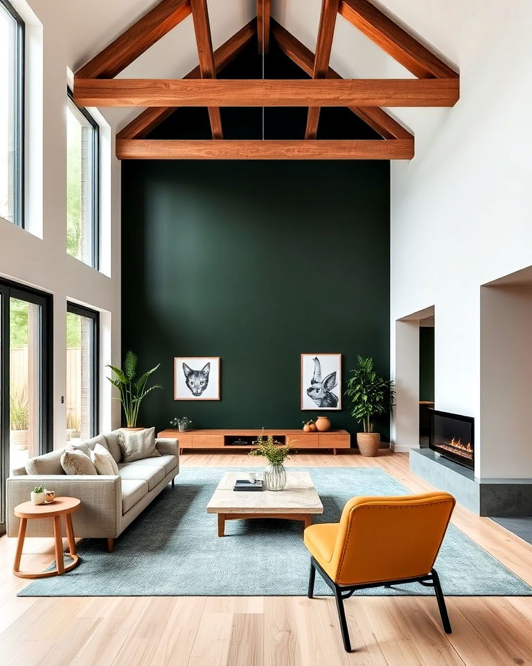 dark green accent wall with exposed beam accents