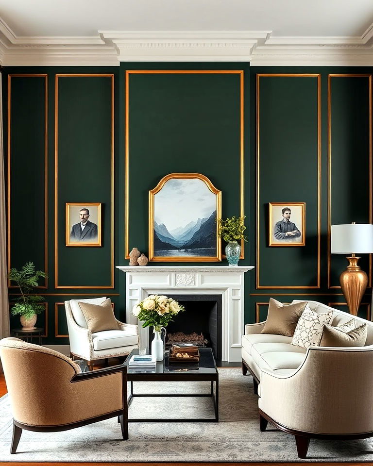 dark green accent wall with gold trim
