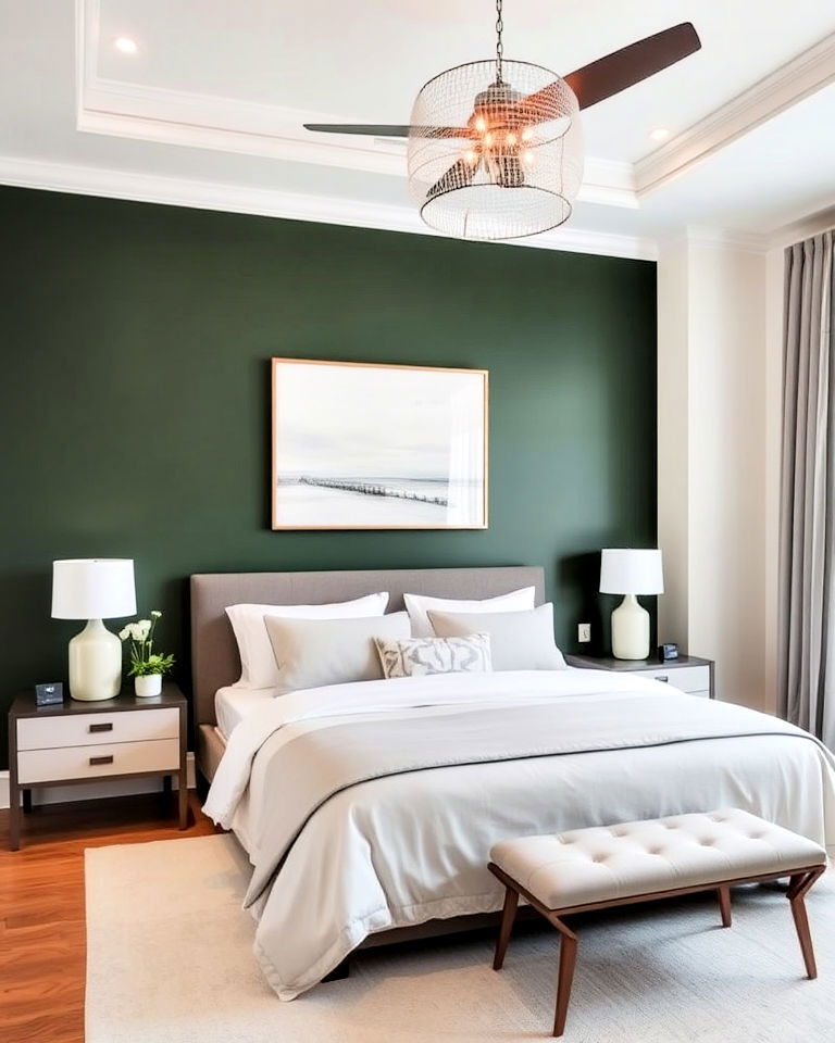 dark green accent wall with light gray accents