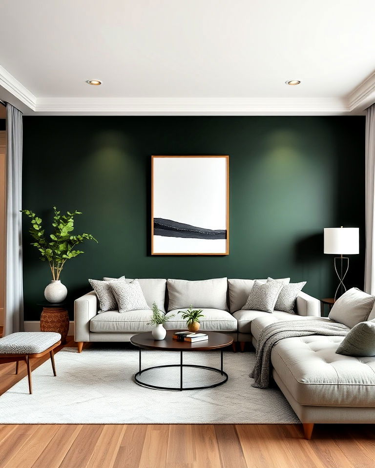 dark green accent wall with minimalist art frames