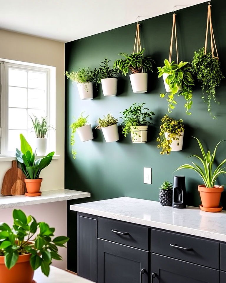 dark green accent wall with mounted plants